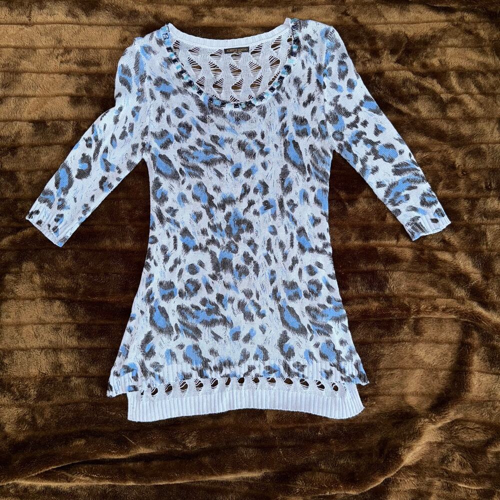 Alberto Makali S Blue Animal Print Jeweled Scoop Neck Long Sweater